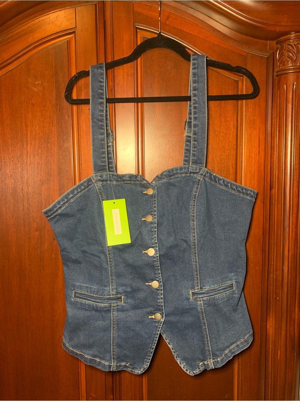 Dark Blue Denim Corset-Style Top with Button Front